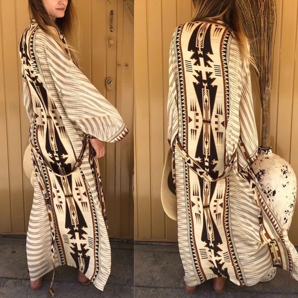 Boho Aztec Tribal Cream Tan & Black Kimono Beach Coverup Duster - Picture 8 of 16